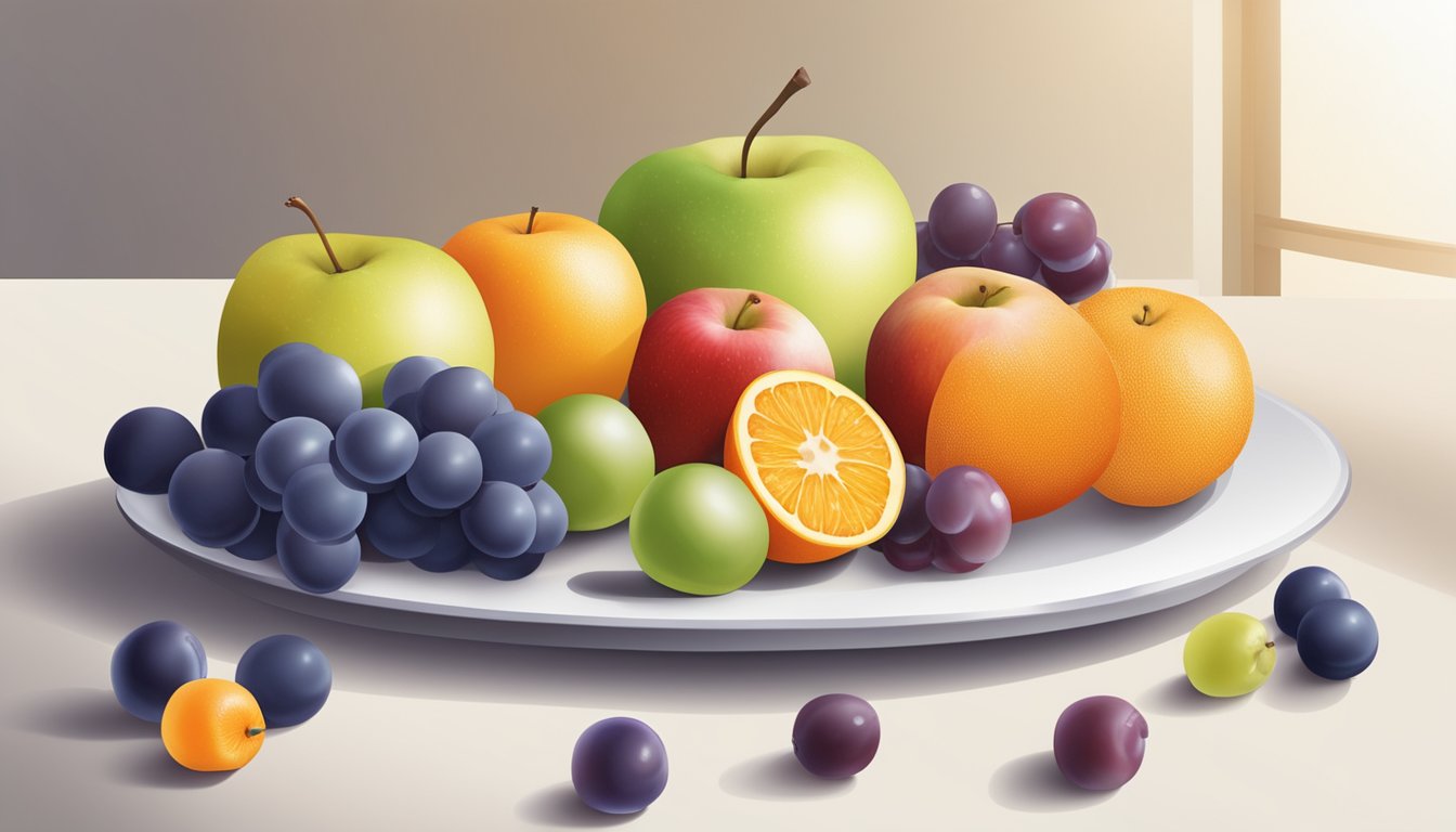 A variety of fruits arranged on a white plate, including apples, oranges, and grapes, with a glycemic index chart in the background