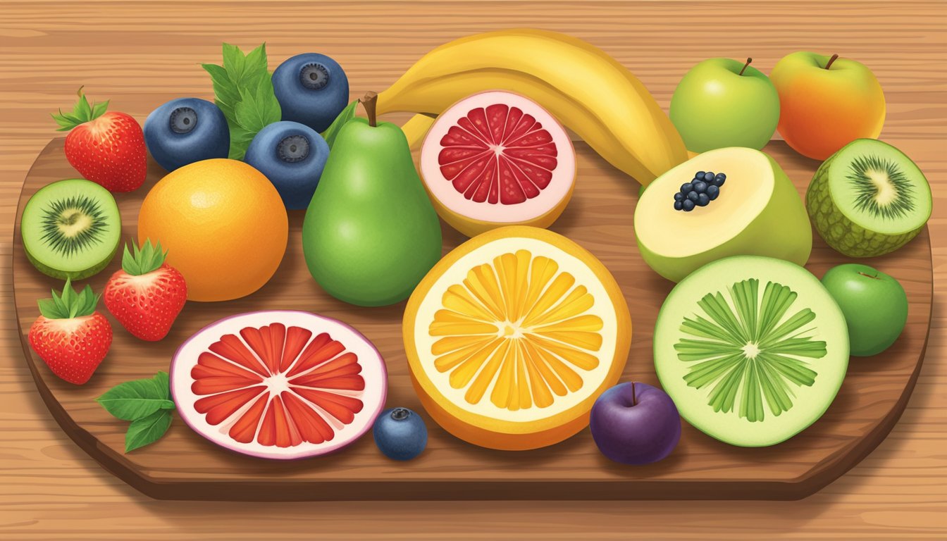 A colorful array of sliced fruits arranged on a wooden cutting board, with a chart showing the glycemic index values of each fruit