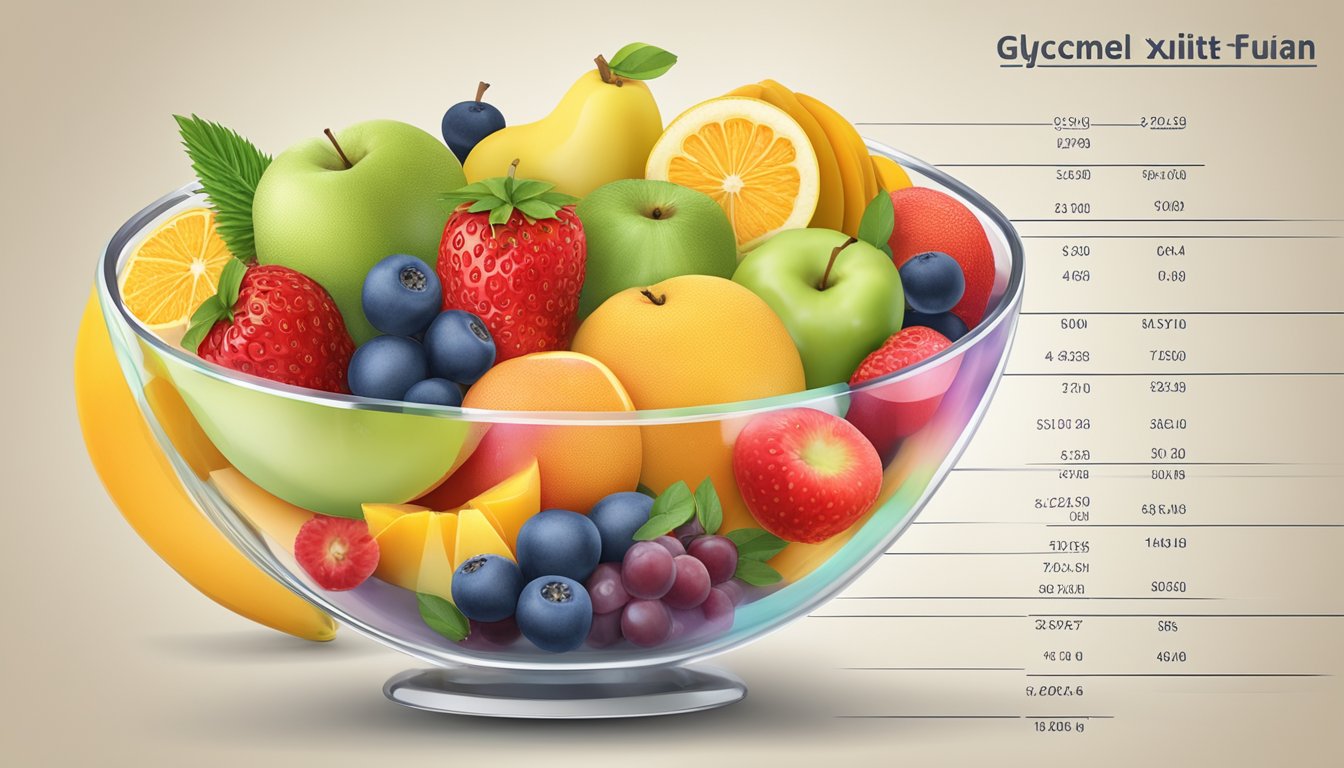 A bowl of fruit cocktail surrounded by a variety of fruits with different glycemic index values displayed on a chart