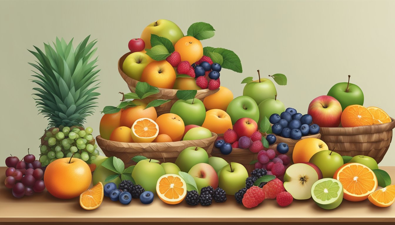 A variety of fruits arranged on a table, including apples, oranges, and berries, with a glycemic index chart displayed nearby