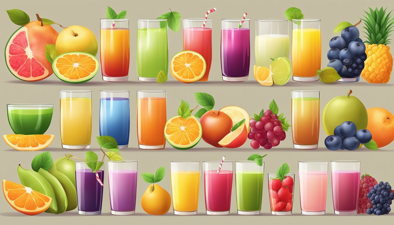 A variety of colorful fruit juices in glasses, surrounded by a selection of fresh fruits with different glycemic index values