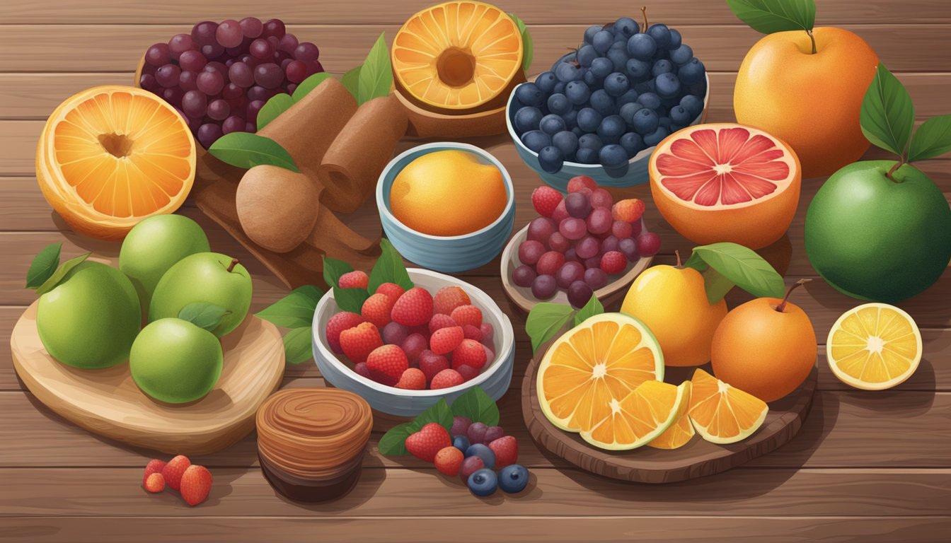 A variety of common fruits arranged on a wooden table, with fruit leather displayed next to them