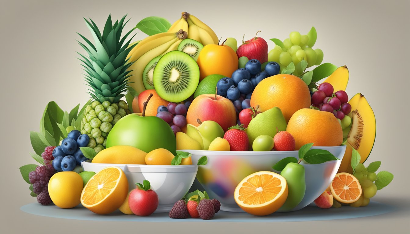 A colorful array of fresh fruits arranged in a bowl, with varying textures and sizes, surrounded by measuring tools and a glycemic index chart