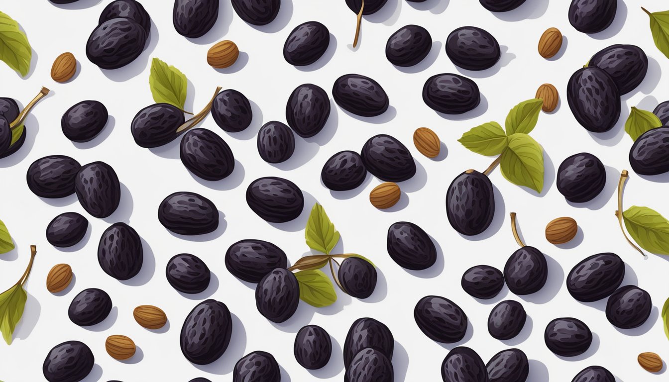 A bunch of plump raisins arranged on a white surface, with a small plate and a fork next to them