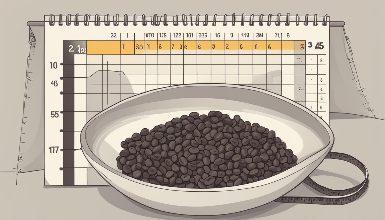 A bowl of raisins next to a measuring tape and a glycemic index chart