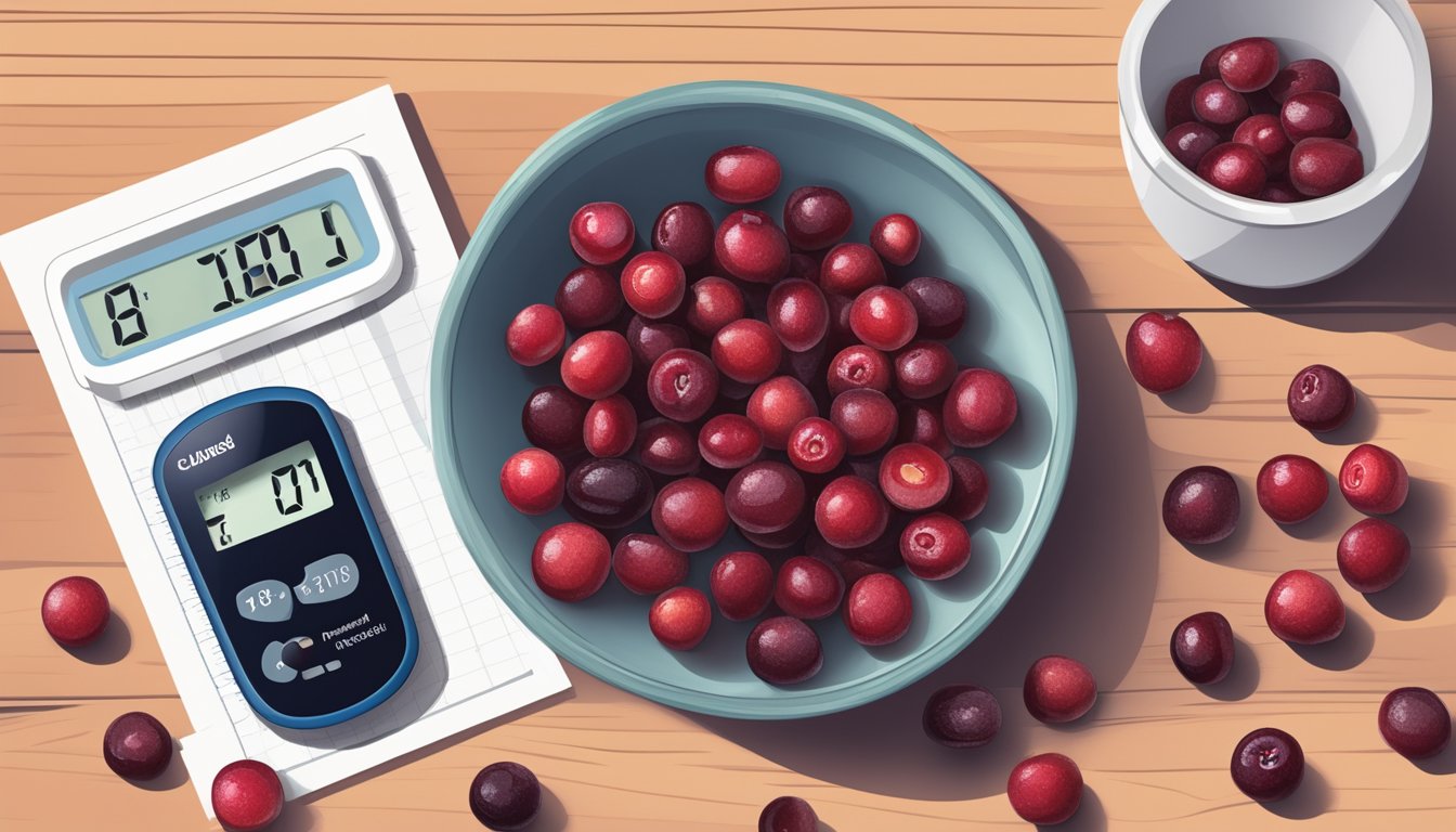 A bowl of dried cranberries next to a glucose meter and a chart of glycemic indices