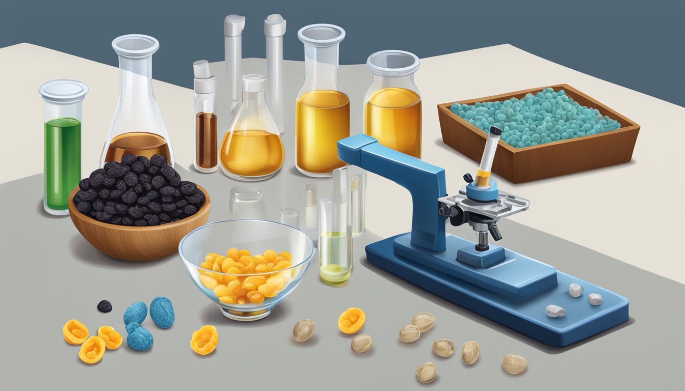 A lab table with test tubes, a microscope, and a bowl of raisins