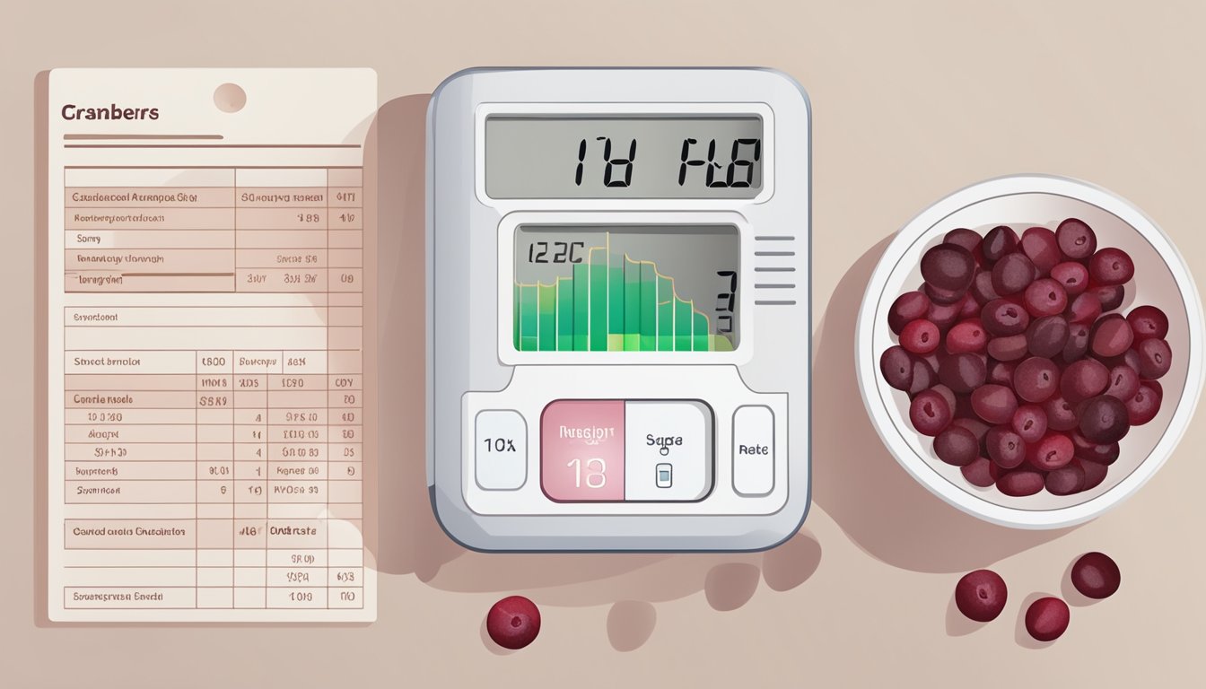 A bowl of dried cranberries next to a blood sugar meter and a chart showing glycemic index levels