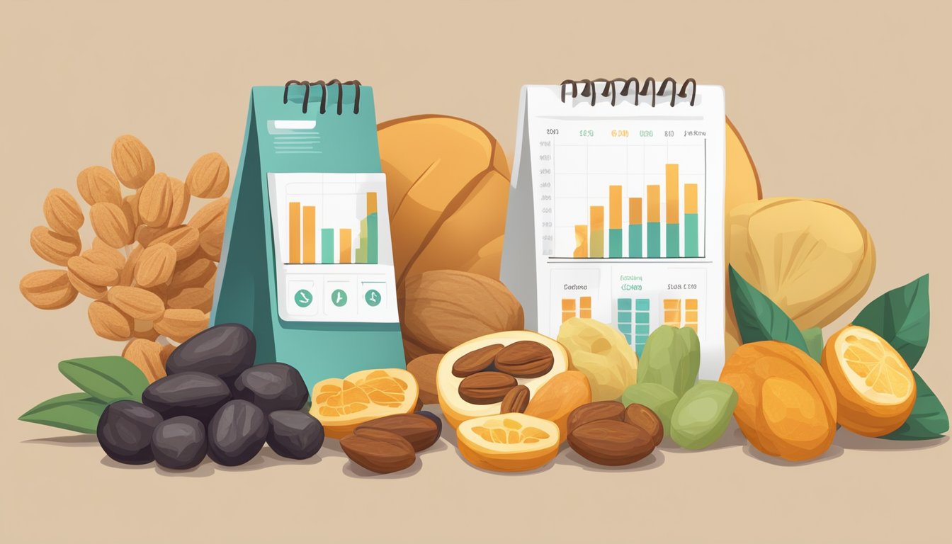 A variety of dried fruits arranged in a line, with a focus on a bunch of raisins, alongside a chart displaying their respective glycemic indexes