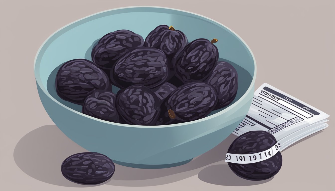 A bowl of prunes surrounded by a measuring tape, blood sugar monitor, and nutrition label