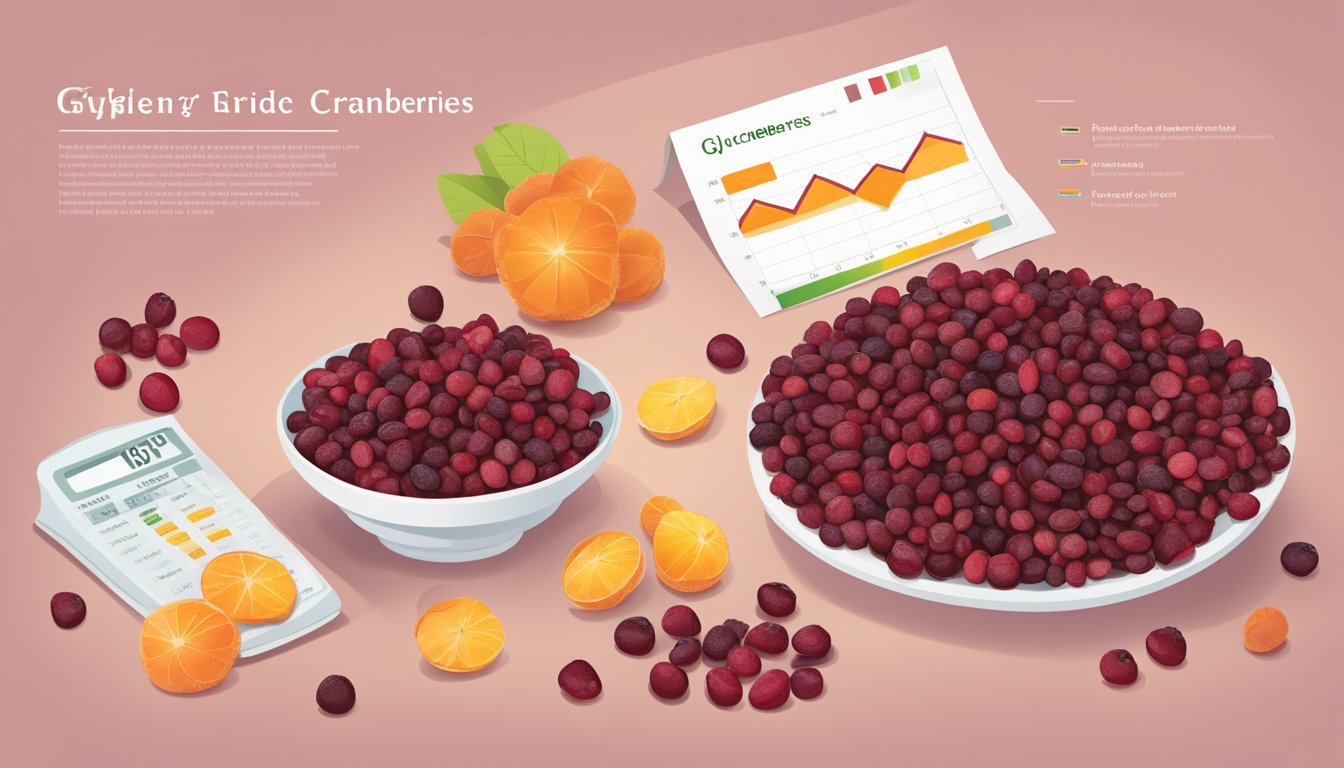 A pile of dried cranberries next to a glycemic index chart, with other fruits for comparison