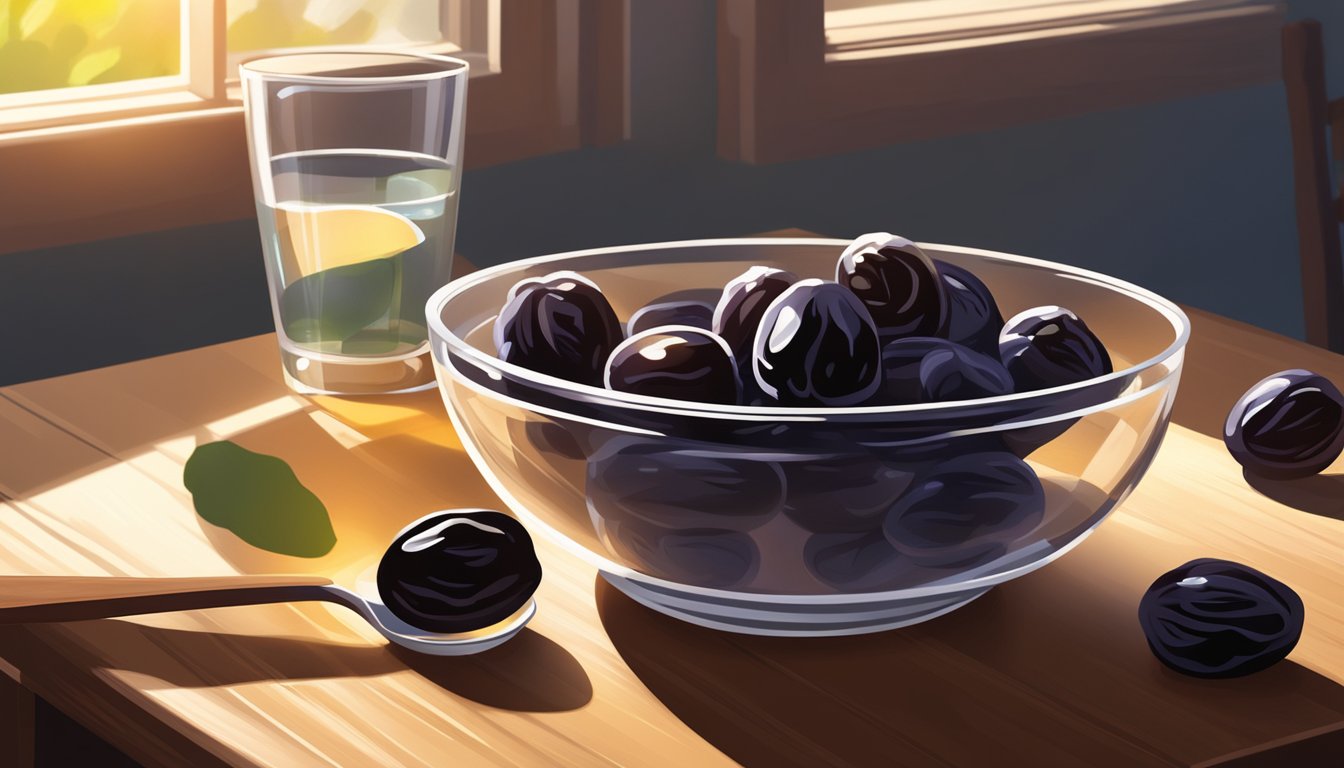 A bowl of prunes sits on a wooden table next to a glass of water and a spoon. Sunlight streams through a nearby window, casting a warm glow on the scene