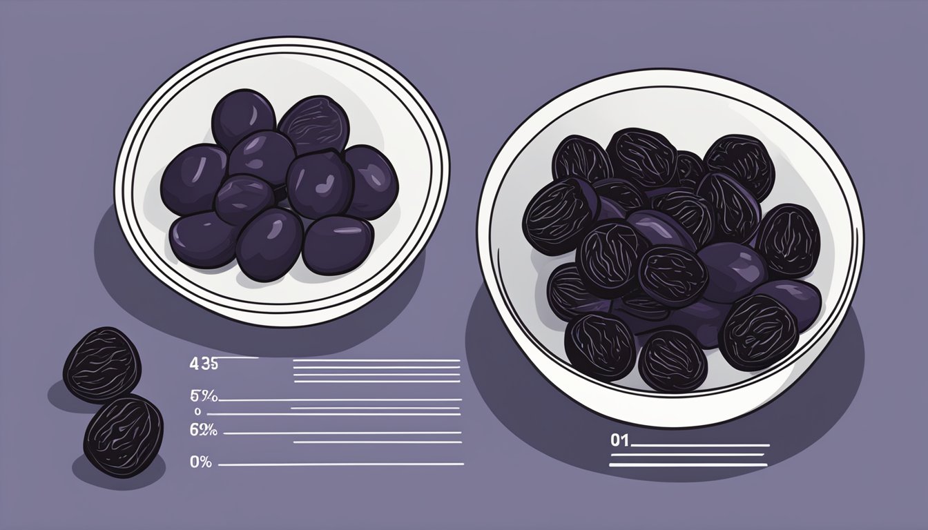 A bowl of prunes next to a chart showing a decrease in glycemic index