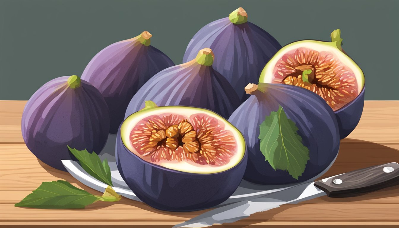 A plate of ripe figs arranged on a wooden cutting board, with a knife and a small pile of sugar next to them