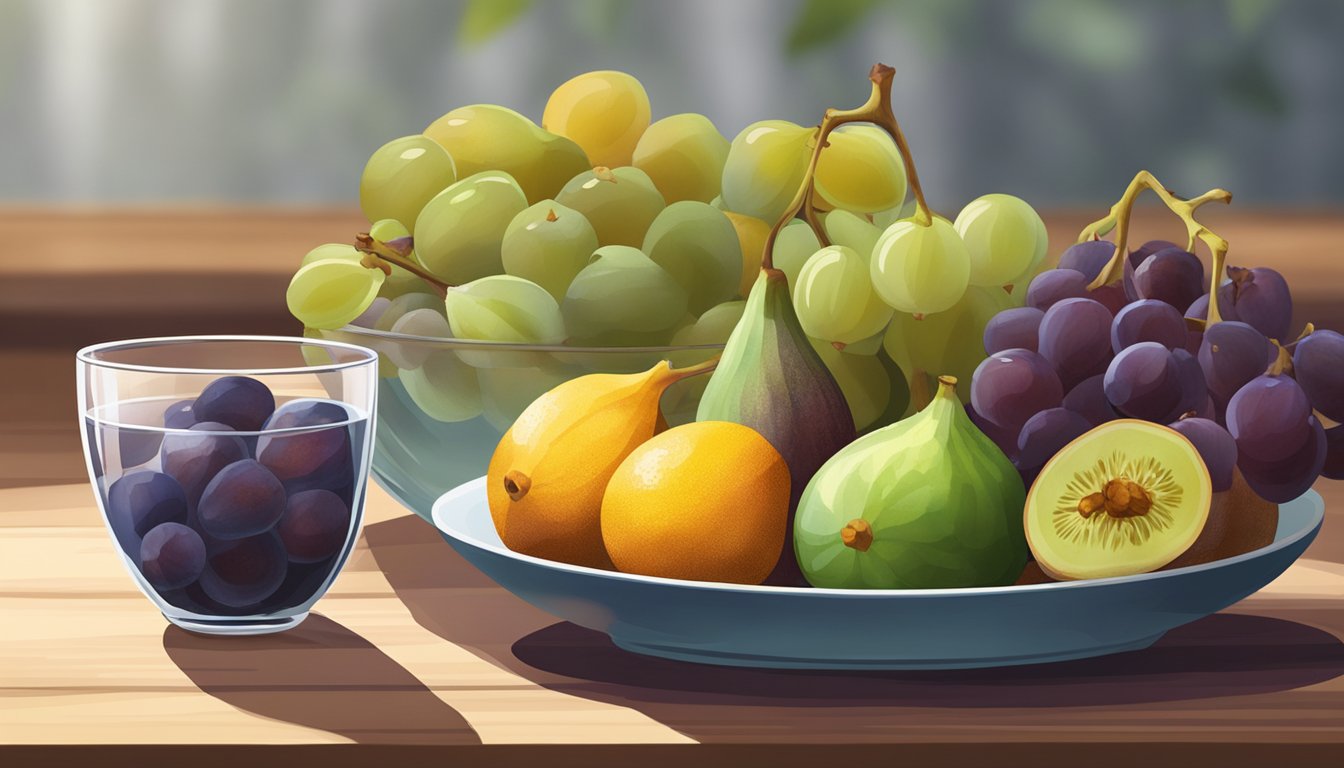 A bowl of assorted fruits, including ripe figs, sits on a wooden table next to a glass of water