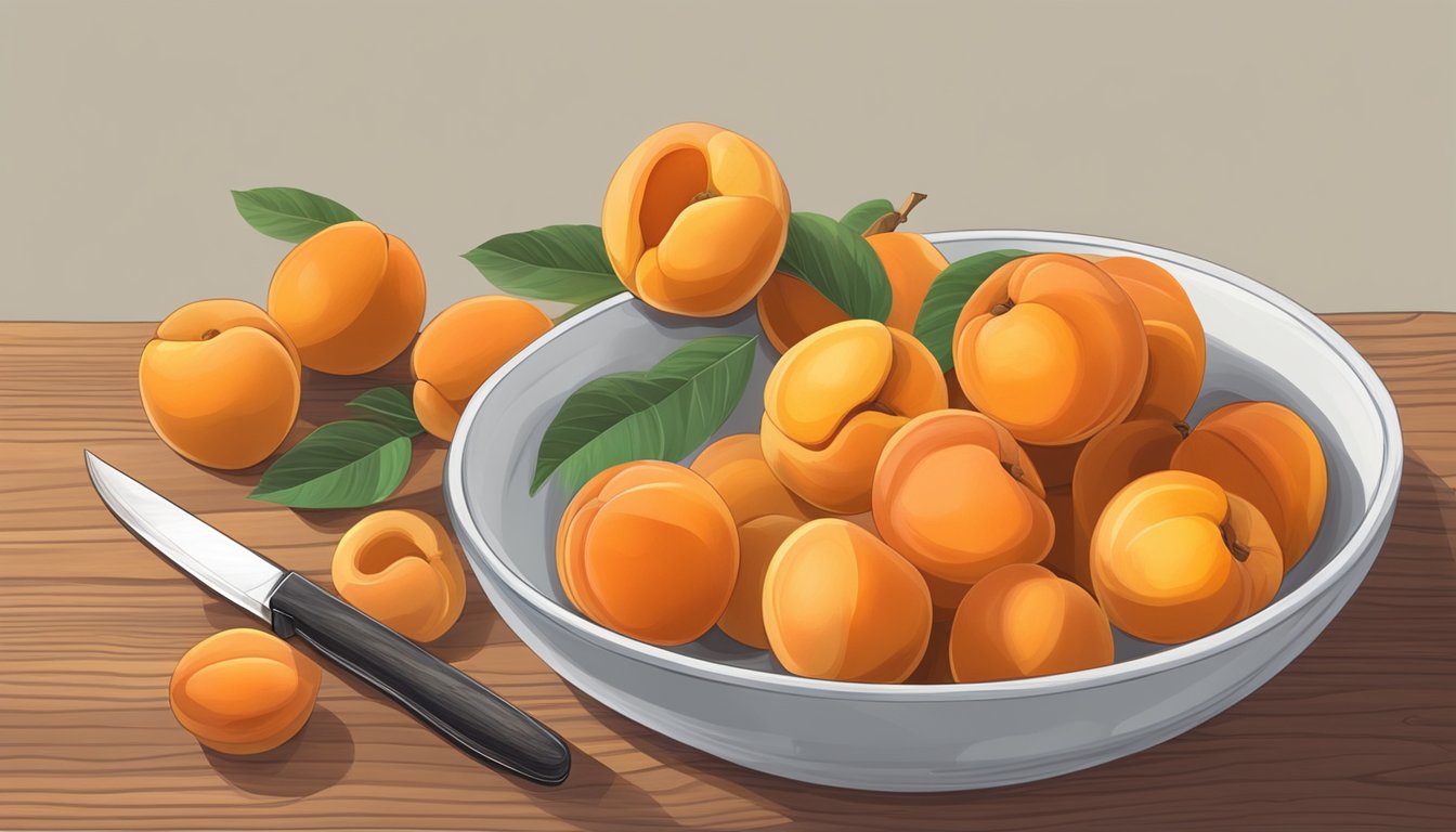 A bowl of ripe apricots arranged on a wooden cutting board, with a small knife beside them