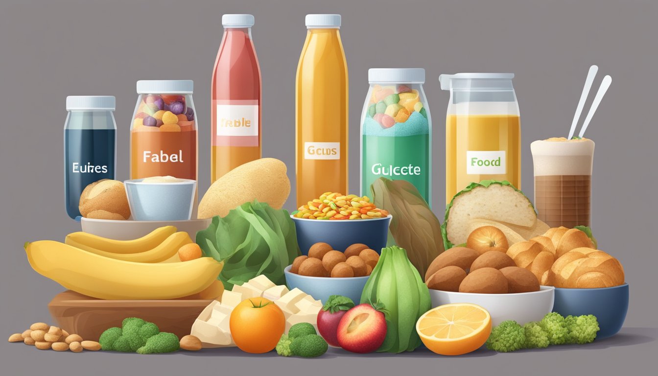 A table with various types of food arranged in rows, each labeled with its glycemic index value