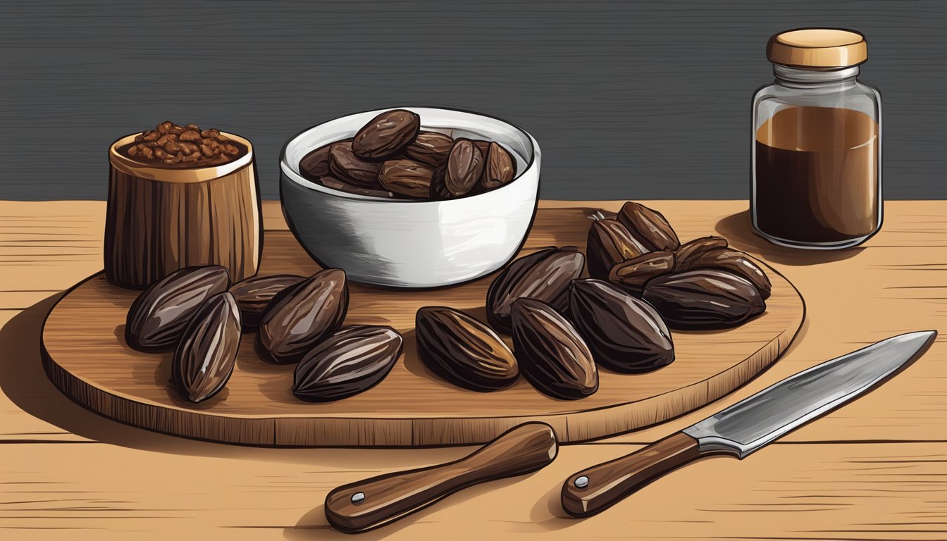 A variety of dates arranged on a wooden cutting board, with a knife and a bowl of date paste