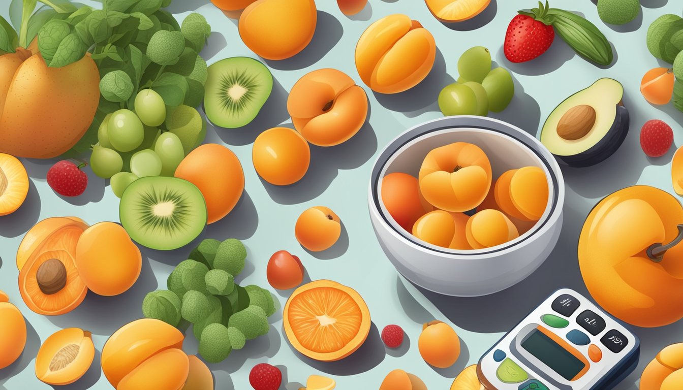 A bowl of ripe apricots surrounded by a variety of colorful fruits and vegetables, with a measuring tape and a blood sugar monitor nearby