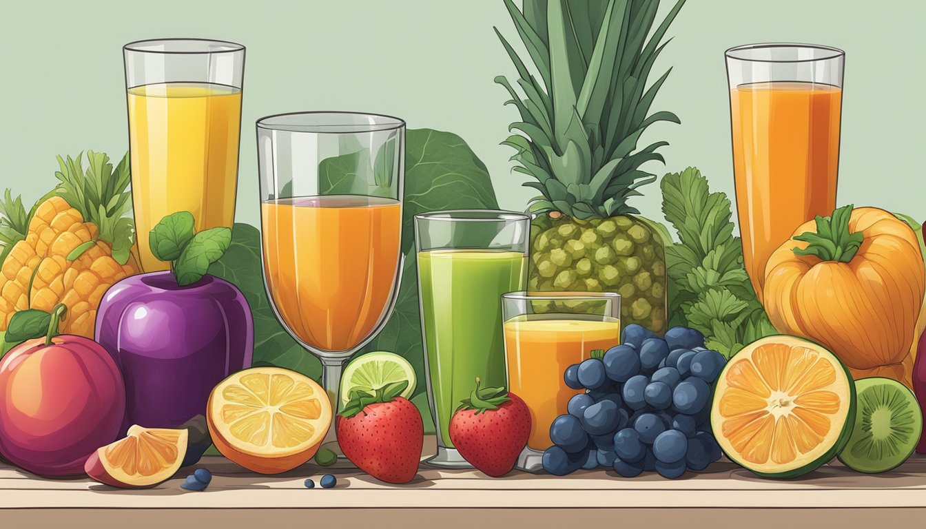 A variety of colorful fruits and vegetables arranged on a table, with a juicer and glasses filled with different juices