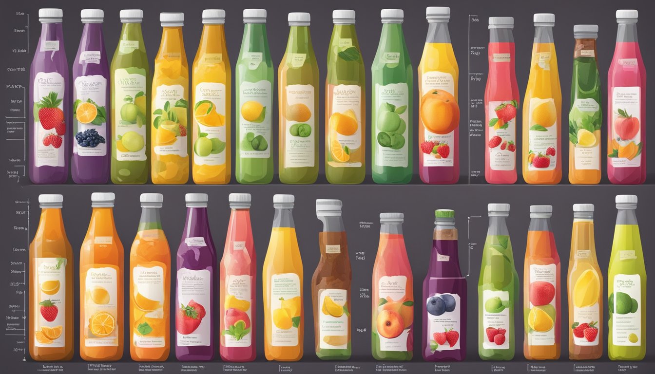 A colorful array of fruit juice bottles, each labeled with different types of fruits, surrounded by a chart showing their respective glycemic index values