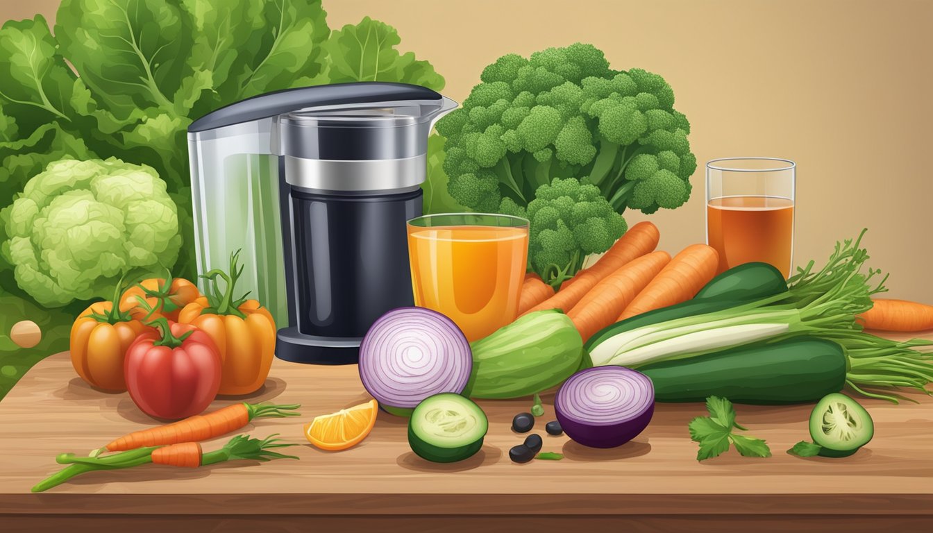 A variety of fresh vegetables arranged on a cutting board, with a juicer and glass nearby