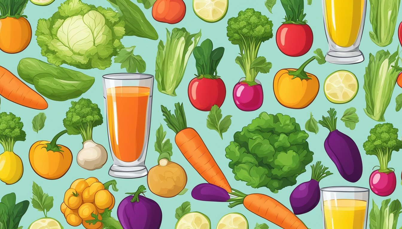 A glass of colorful vegetable juice surrounded by a variety of fresh vegetables