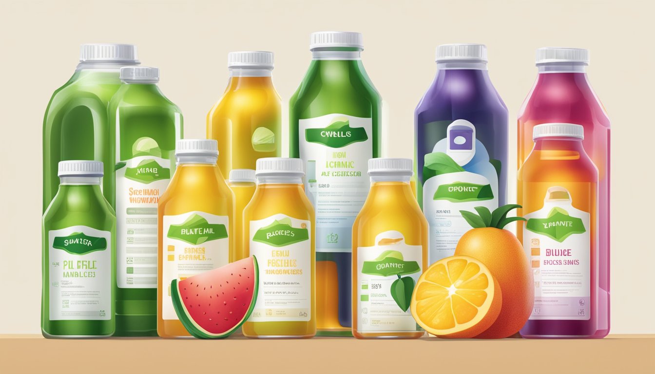 A variety of fruit juice bottles arranged next to a chart showing their respective glycemic index values