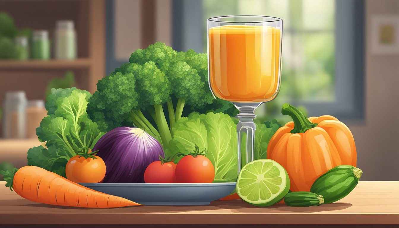 A glass of vegetable juice sits on a table next to a pile of assorted fresh vegetables