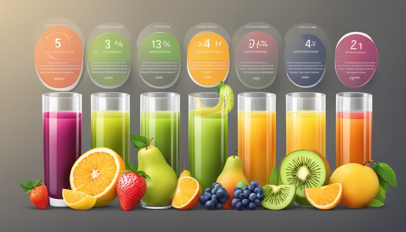 A variety of fruit juices arranged in a row, with colorful fruits scattered around, and a chart displaying their glycemic index values