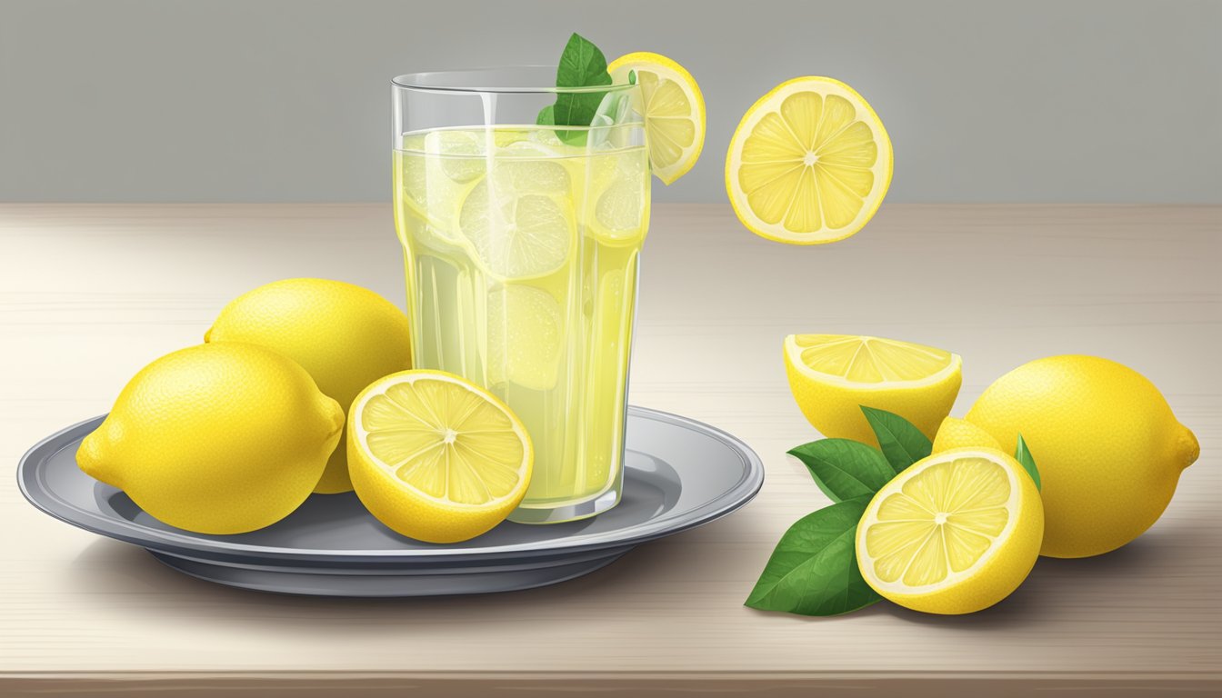 A glass of lemonade next to a plate of lemons, with a nutritional label in the background