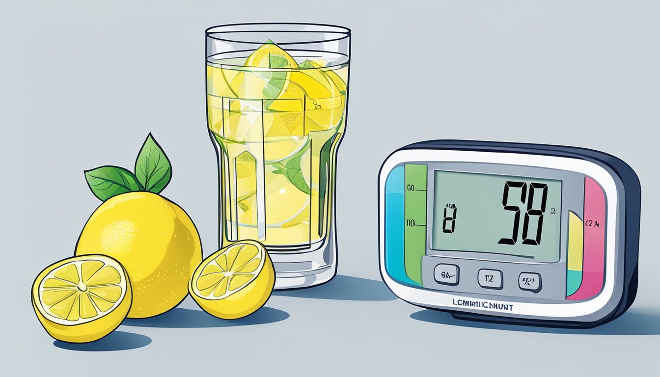 A glass of lemonade next to a blood glucose monitor and a chart showing the glycemic index scale