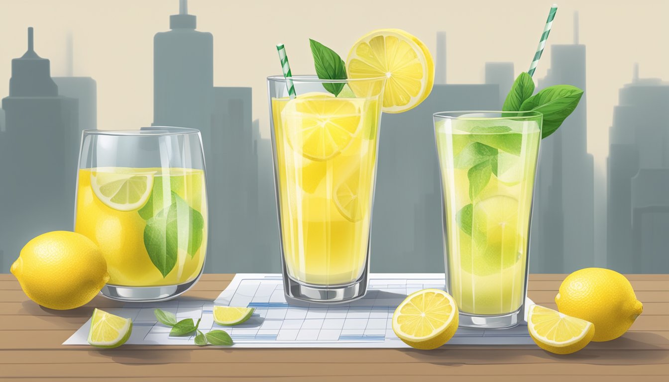 A glass of lemonade surrounded by various other beverages with a glycemic index chart in the background