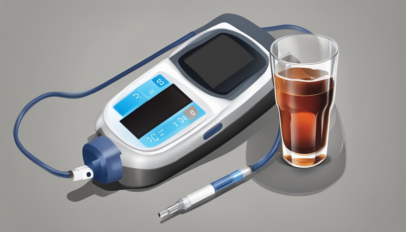 A glass of cola next to a blood sugar monitoring device