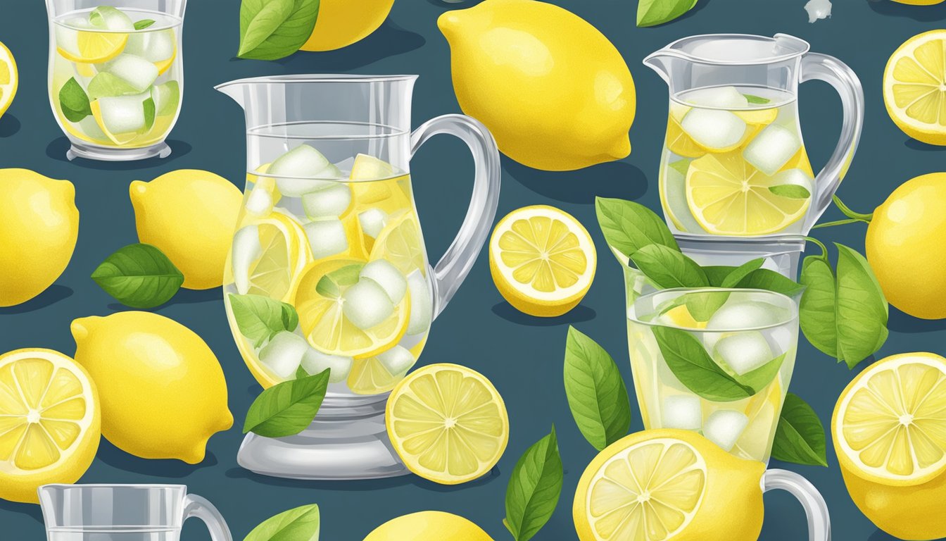 A pitcher of lemonade surrounded by fresh lemons, sugar, and a measuring cup