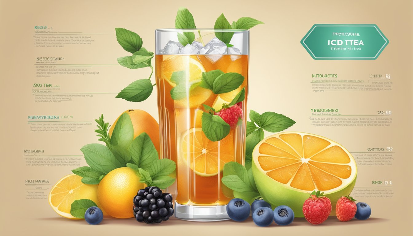 A glass of iced tea surrounded by a variety of fruits and herbs, with a nutrition label and glycemic index chart displayed next to it