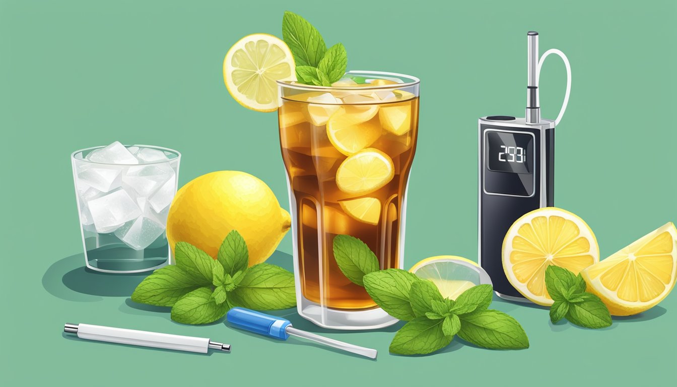 A tall glass of iced tea surrounded by fresh lemon slices and mint leaves, with a small sugar cube and a blood glucose monitor nearby