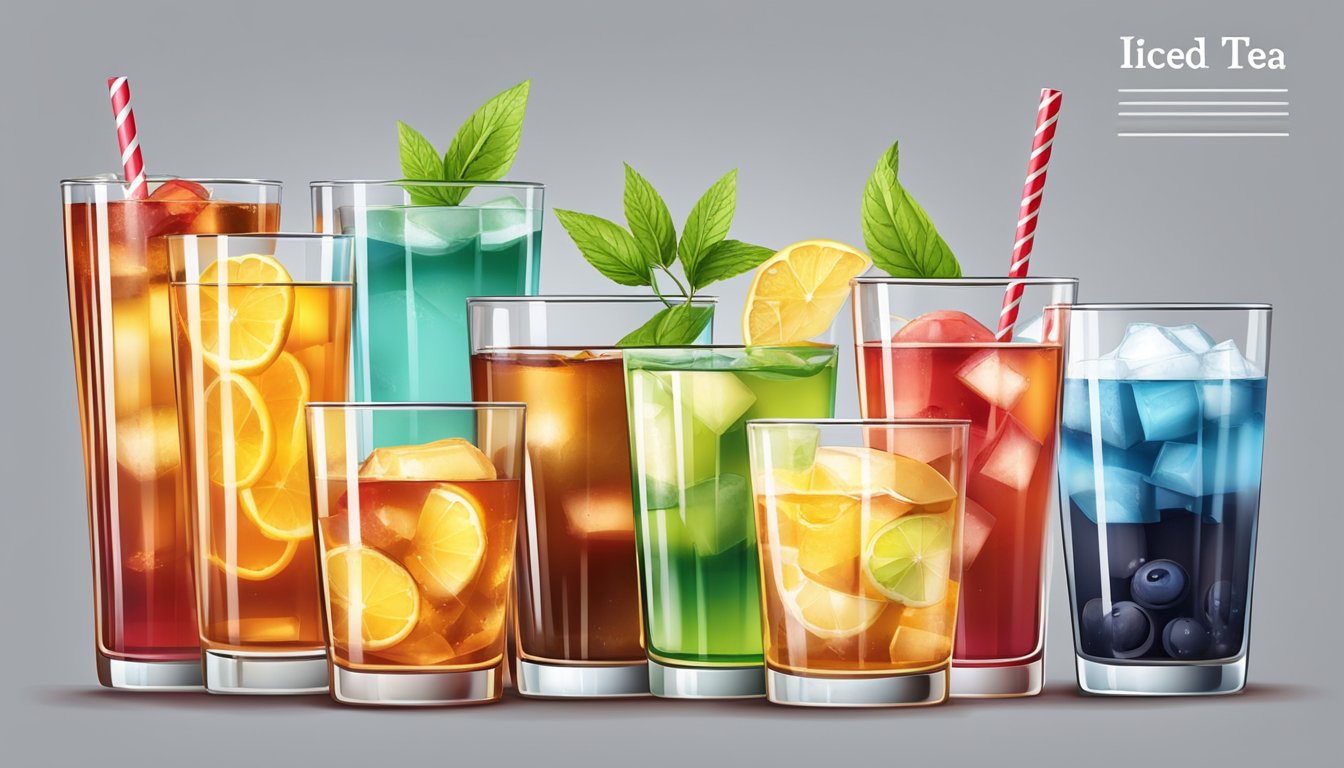 A variety of iced tea glasses arranged with different ingredients and colors, accompanied by a chart showing their respective glycemic index values