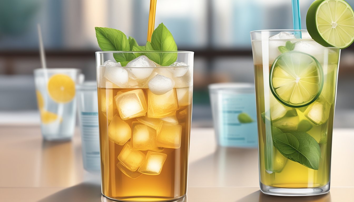 A glass of iced tea next to other beverages with their glycemic index values displayed