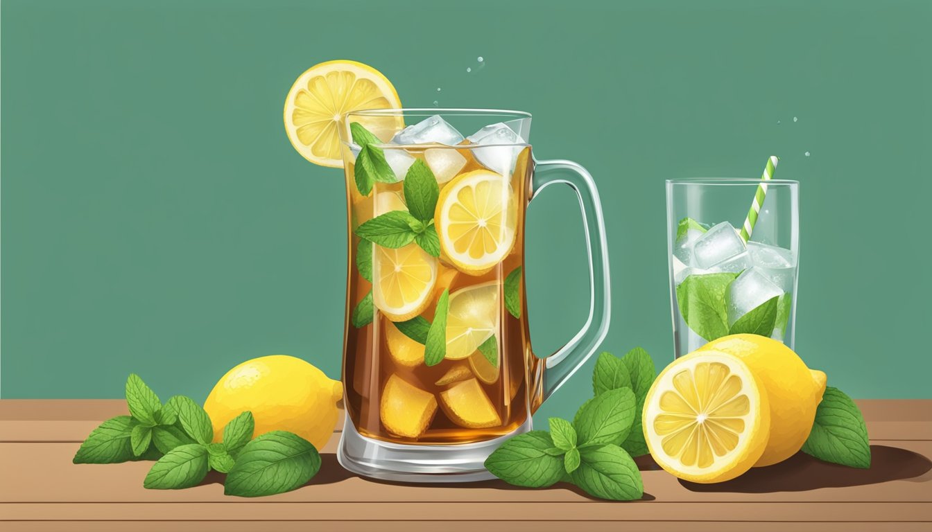 A pitcher of iced tea surrounded by fresh lemon slices and mint leaves, with a glass filled with ice nearby