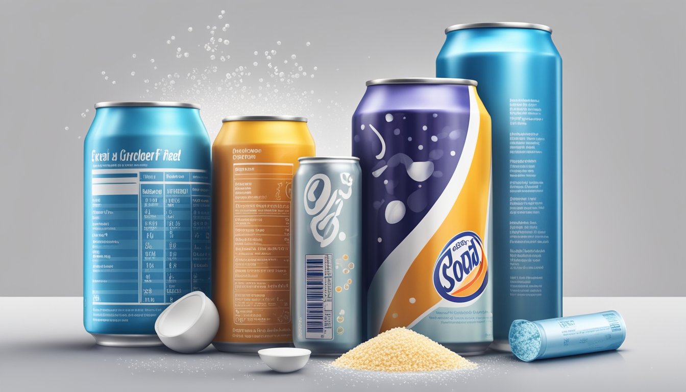 A can of diet soda surrounded by ingredients like artificial sweeteners, carbonated water, and flavoring agents, with a glycemic index chart in the background