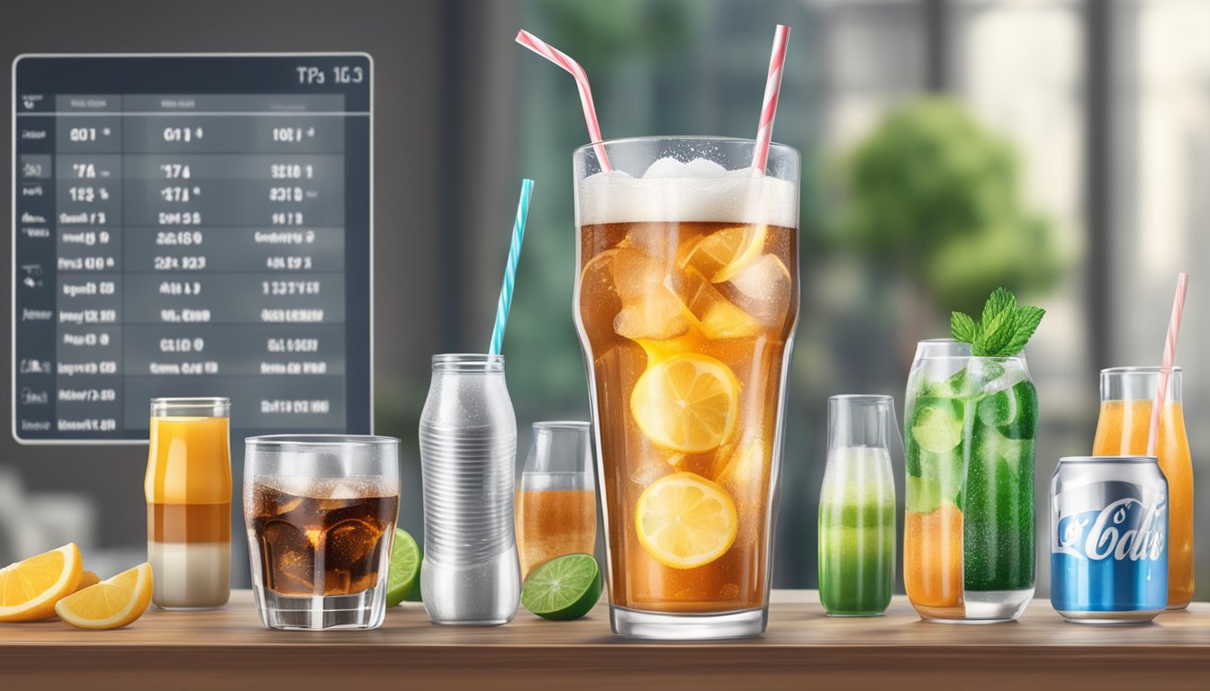 A glass of diet soda surrounded by various other beverages, with a glycemic index chart in the background