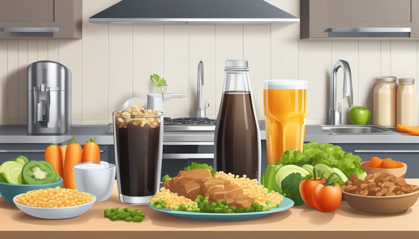 A glass of diet soda surrounded by various low-glycemic index foods, such as vegetables and lean proteins, on a clean, modern kitchen counter