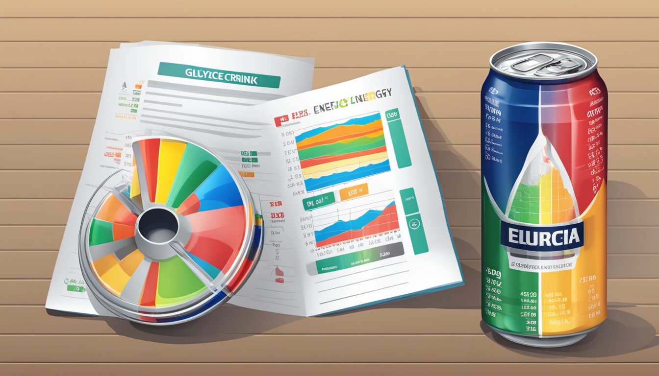 A table with energy drink cans and a glycemic index chart