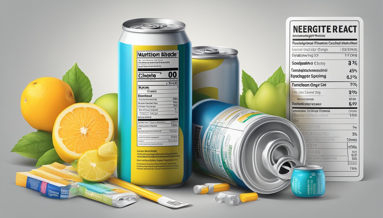 An energy drink can with a nutrition label, surrounded by regulatory documents and a glycemic index chart