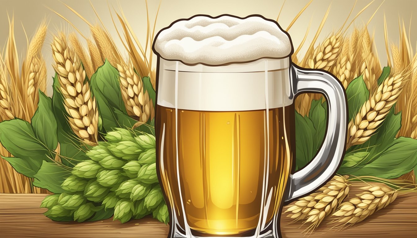 A glass of beer surrounded by barley, hops, and yeast