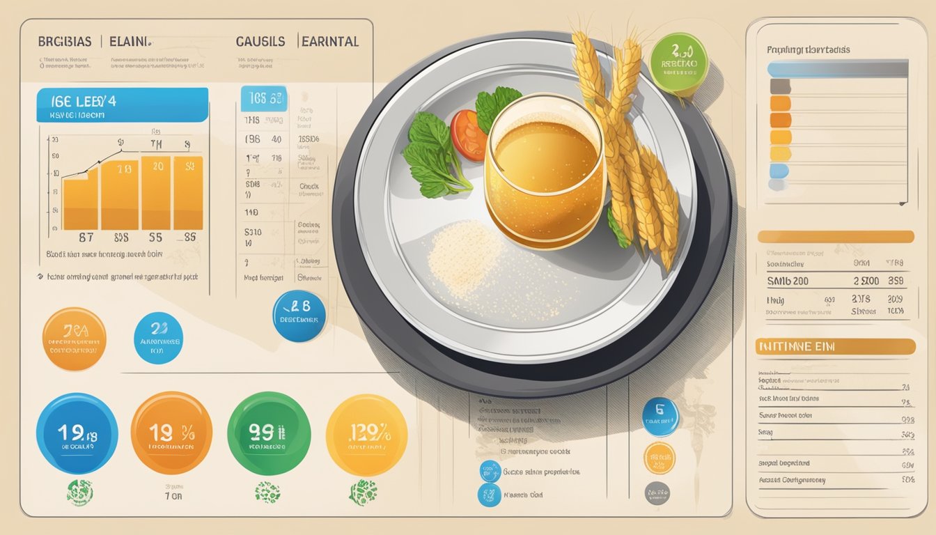 A glass of beer next to a plate of food, with a nutritional label and glycemic index chart in the background