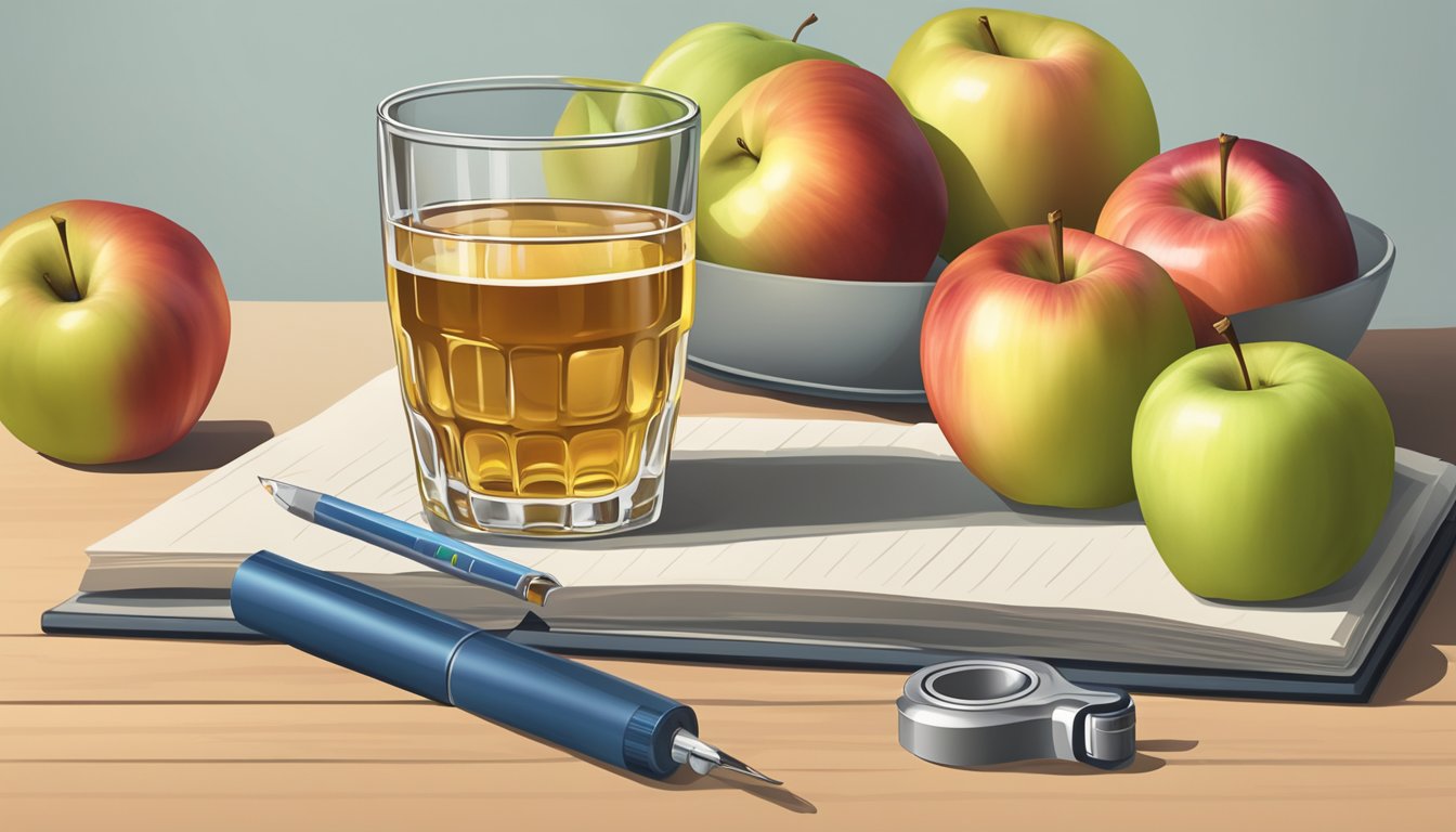 A glass of hard cider next to a pile of apples and a measuring tape