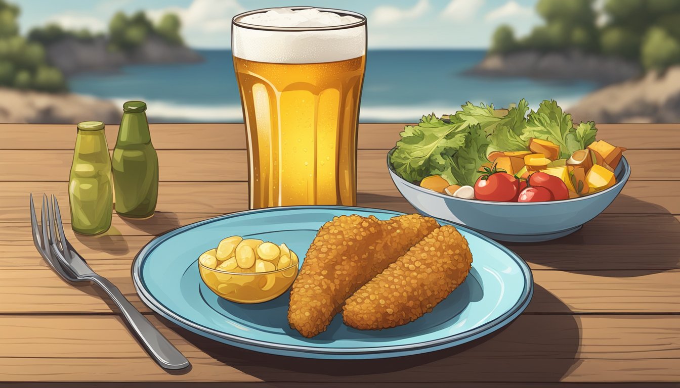 A cold beer sitting on a wooden table next to a plate of food