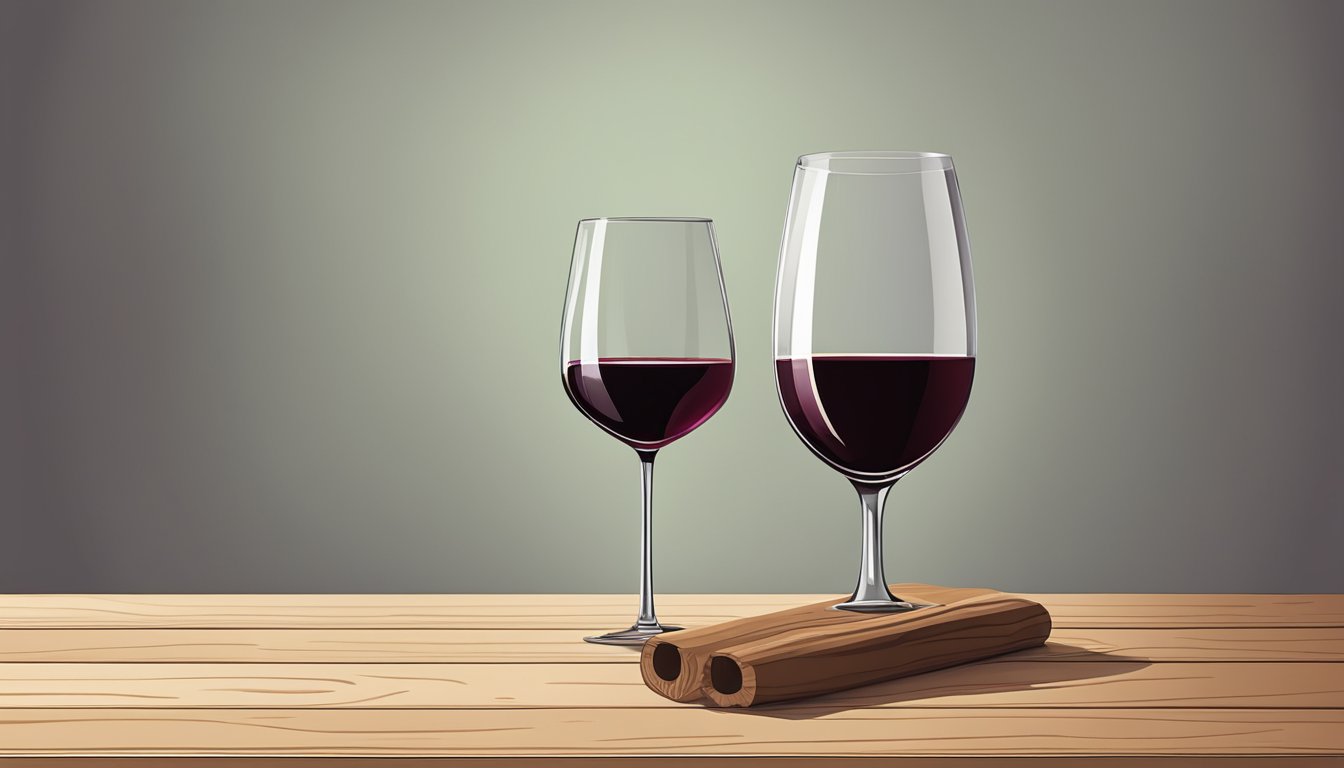 A glass of red wine next to a wine bottle on a wooden table